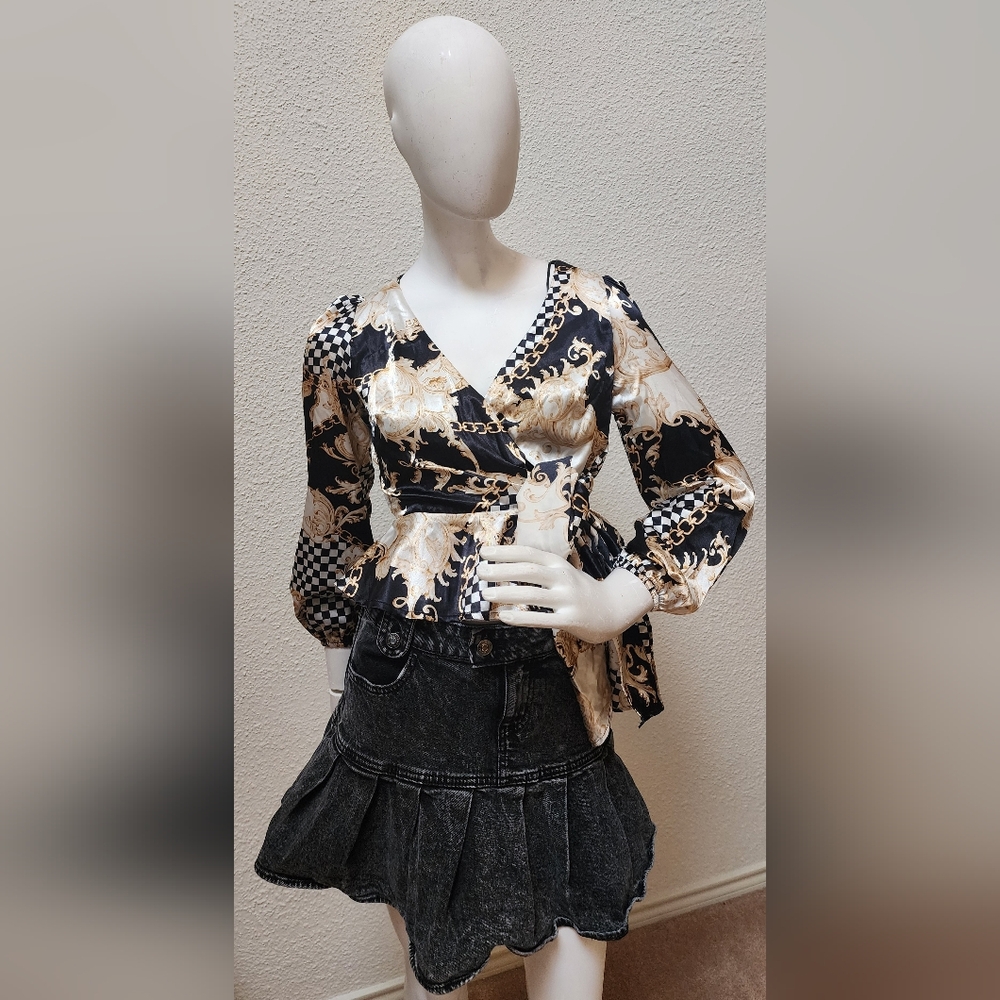 O.L.M. Elegant Wrap Blouse with Chain and Checkered Print